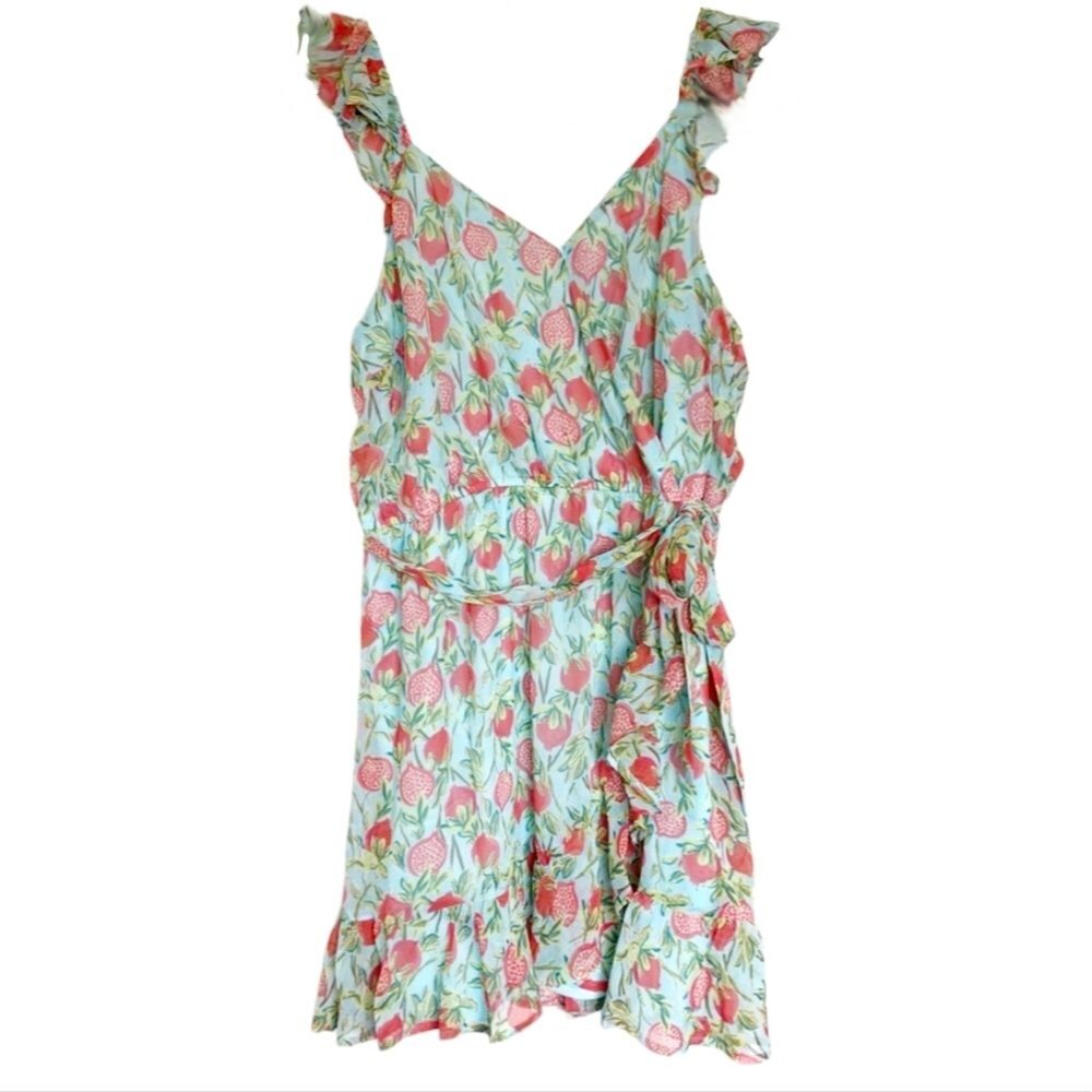 LC Lauren Conrad Pomegranate Print Faux Wrap Blue and Green Lightweig Dress